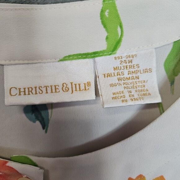 Christie & Jill Vintage 24W Floral Blouse red white green pullover short sleeve - Picture 8 of 10